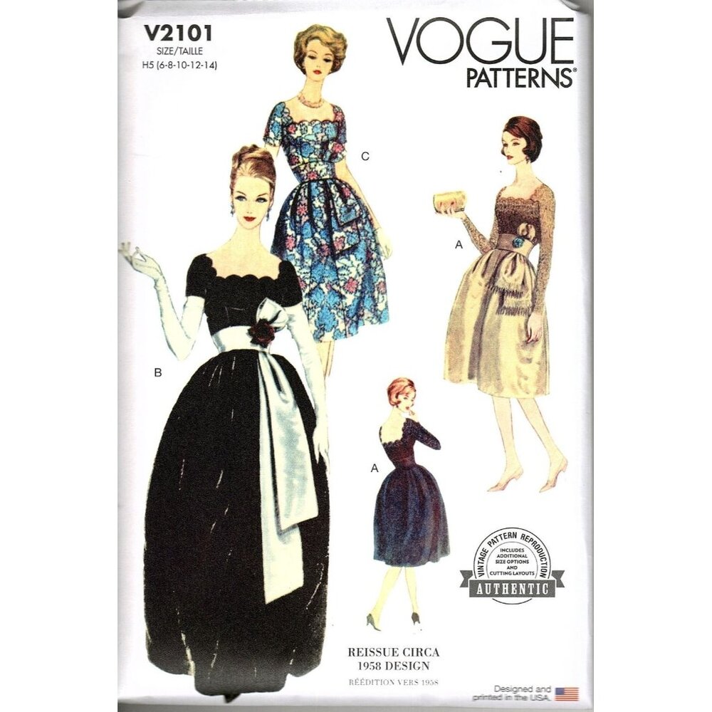 Vogue V2101 Misses 6 to 14 Authentic 1958 Reissue Dress Uncut Sewing Pattern